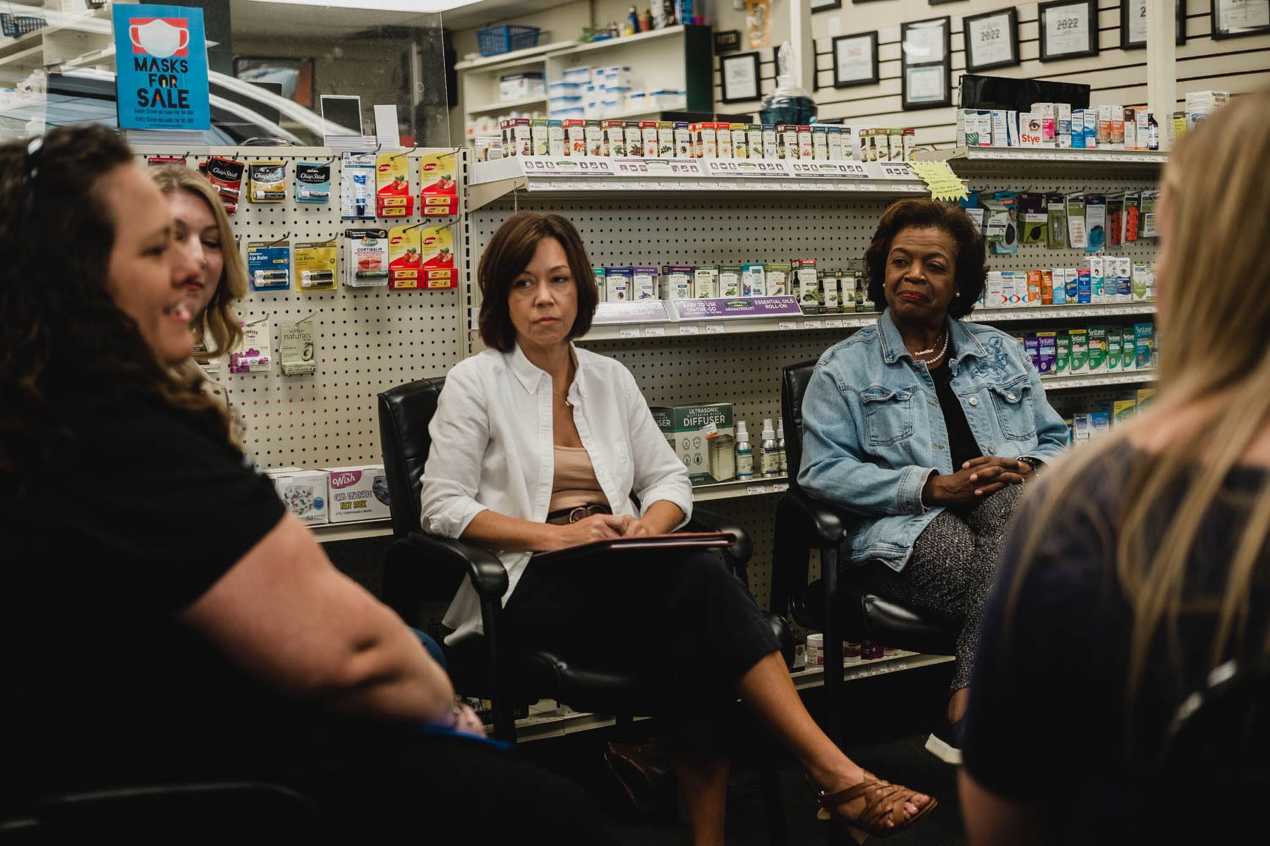 Beasley holds a conversation on lowering prescription drug prices at Akers Pharmacy.