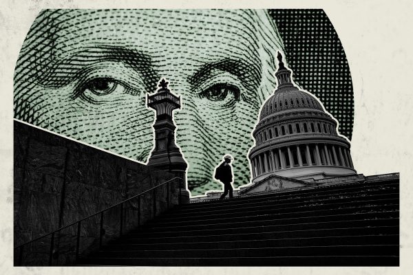 Collage of the Congress building with a close up of Benjamin Franklin's face on the hundred dollar bill in the background.