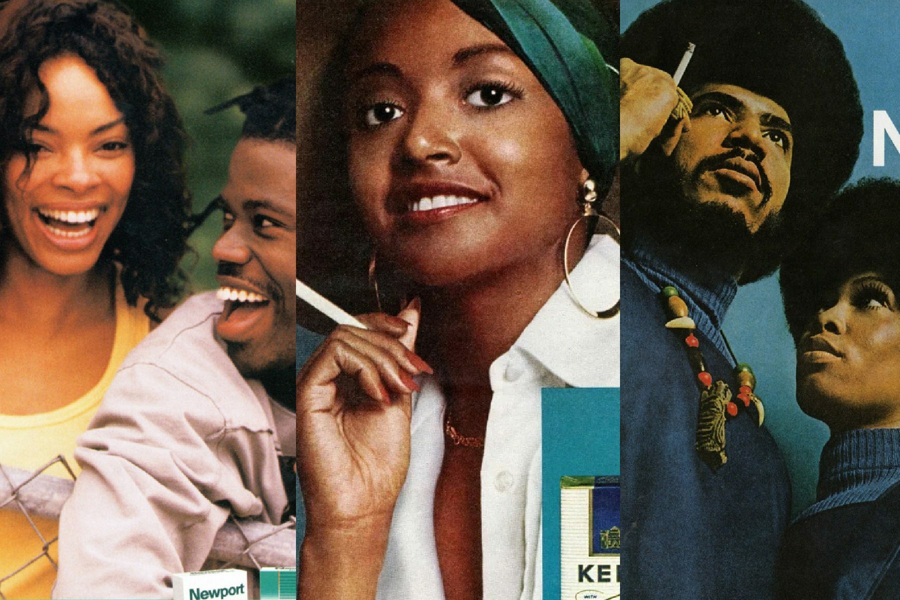 collage of three ads for menthol cigarettes featuring black couples and a black woman.