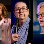 Triptych of Christine Drazan, Besty Johnson and Tina Kotek speaking on stage at three different events.