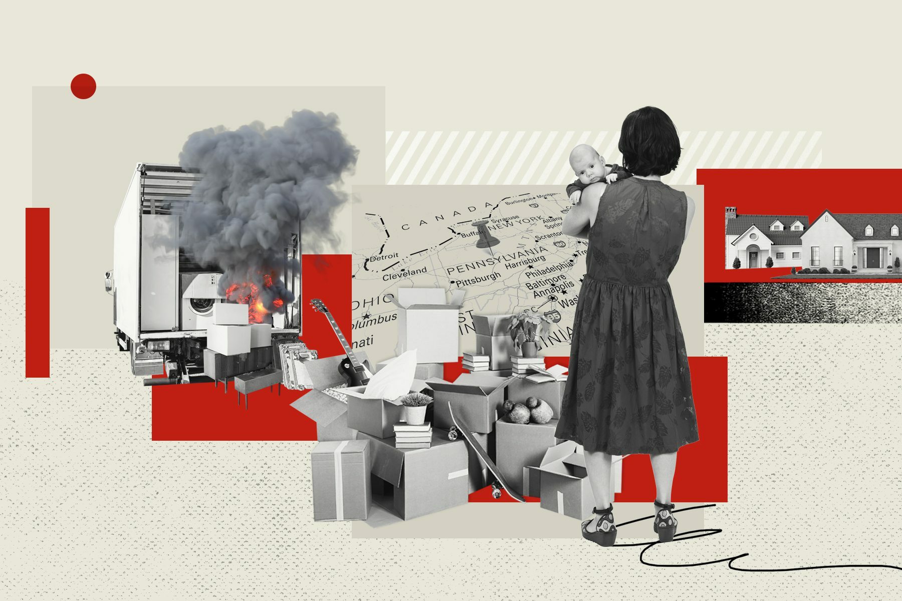 Collage depicting a mother holding a baby, moving boxes, a moving truck on fire, a map of Pennsylvania and a suburban home.