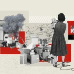Collage depicting a mother holding a baby, moving boxes, a moving truck on fire, a map of Pennsylvania and a suburban home.