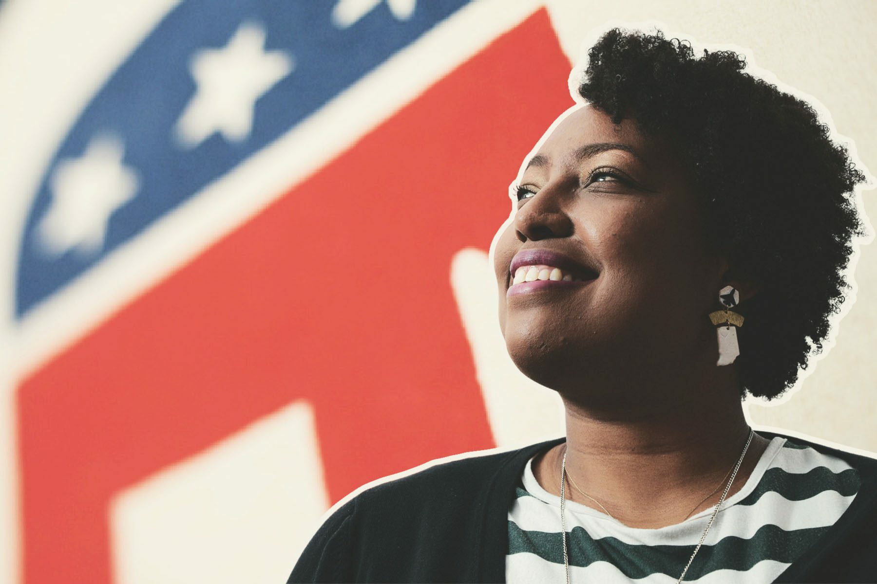 A photo-illustration shows Jennifer-Ruth Green, Republican candidate for Indiana's 1st Congressional District, in front of the symbol of the Republic Party.