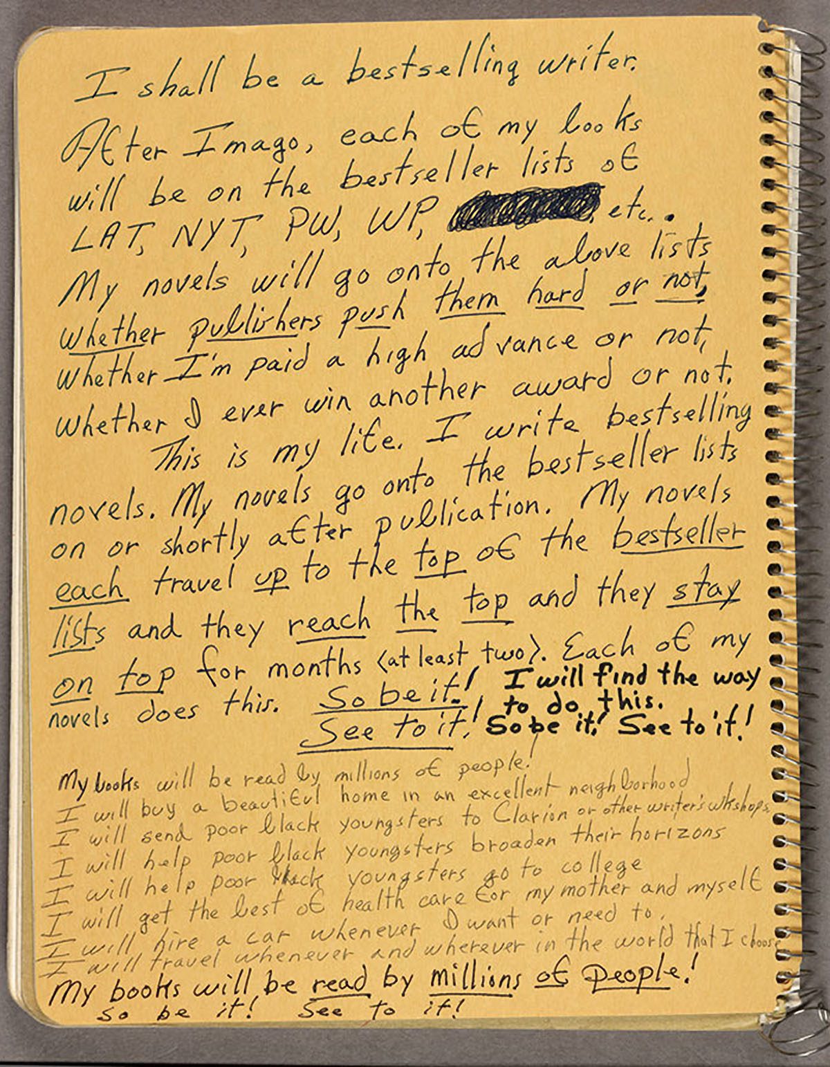 A page of handwritten affirmations that Butler wrote for herself as an adult in which she includes her hope of becoming a bestselling author.