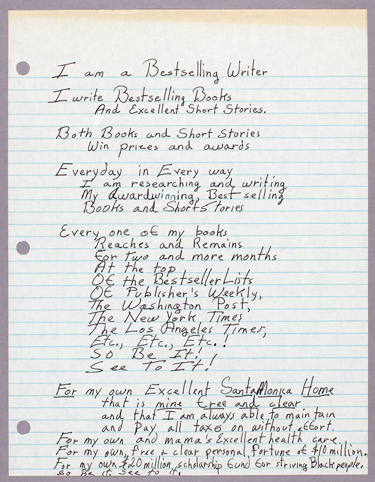 A page of handwritten affirmations that Butler wrote for herself as an adult in which she includes her hope of becoming a bestselling author.