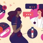 Illustration of woman of color speaking to doctor about family planning. Icons around her picture birth control, IVF and a pregnancy test.