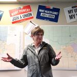 Gov. Laura Kelly speaks to volunteers and supporters during a canvassing event.