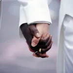 A black and a white man in wedding suits link hands.