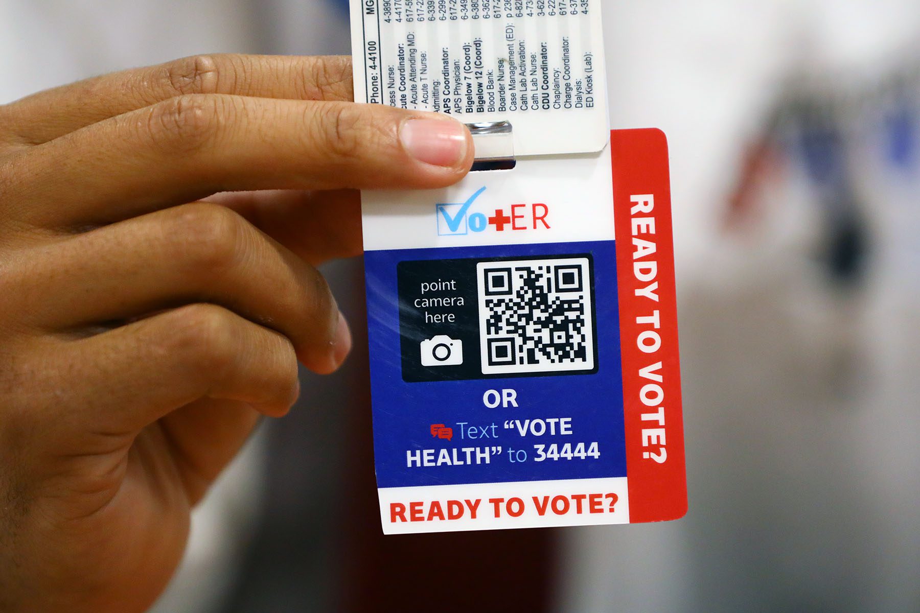A "Vot-ER" card reads "READY TO VOTE?" with a QR code and a number to text to get registered to vote.