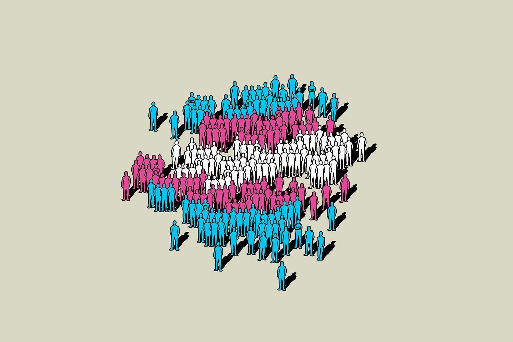 Illustration of a crowd of people, some are blue, some are pink and some white. together, they form a transgender flag.