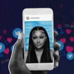 Photo collage of a black person's hand holding a phone. On the screen, an image of Shanquella Robinson is seen. Likes and retweet icons float about the background.