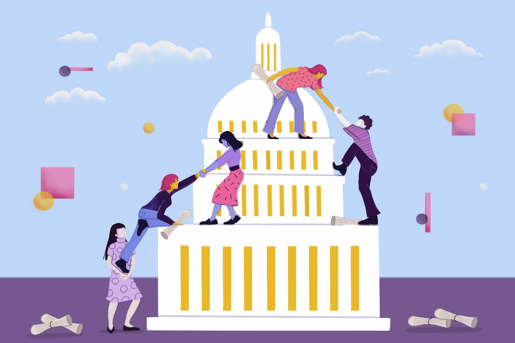 An illustration of people climbing congress in support of bipartisan bills.