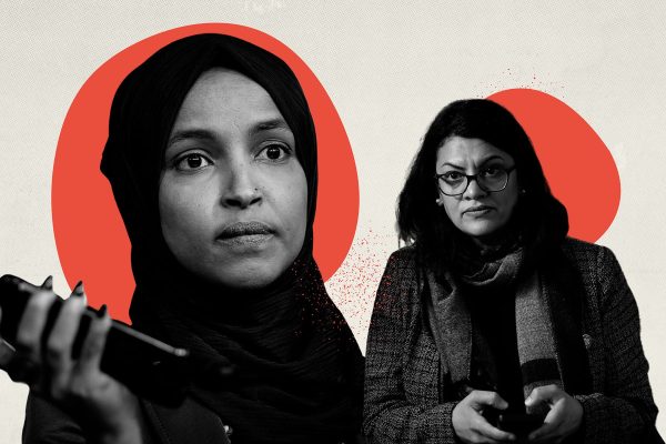 Photo collage of Representatives Ilhan Omar and Rashida Tlaib on their phones looking solemn.