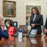 Cherelle Griner, President Biden and Vice President Harris speak on the phone with Brittney Griner in the Oval Office.