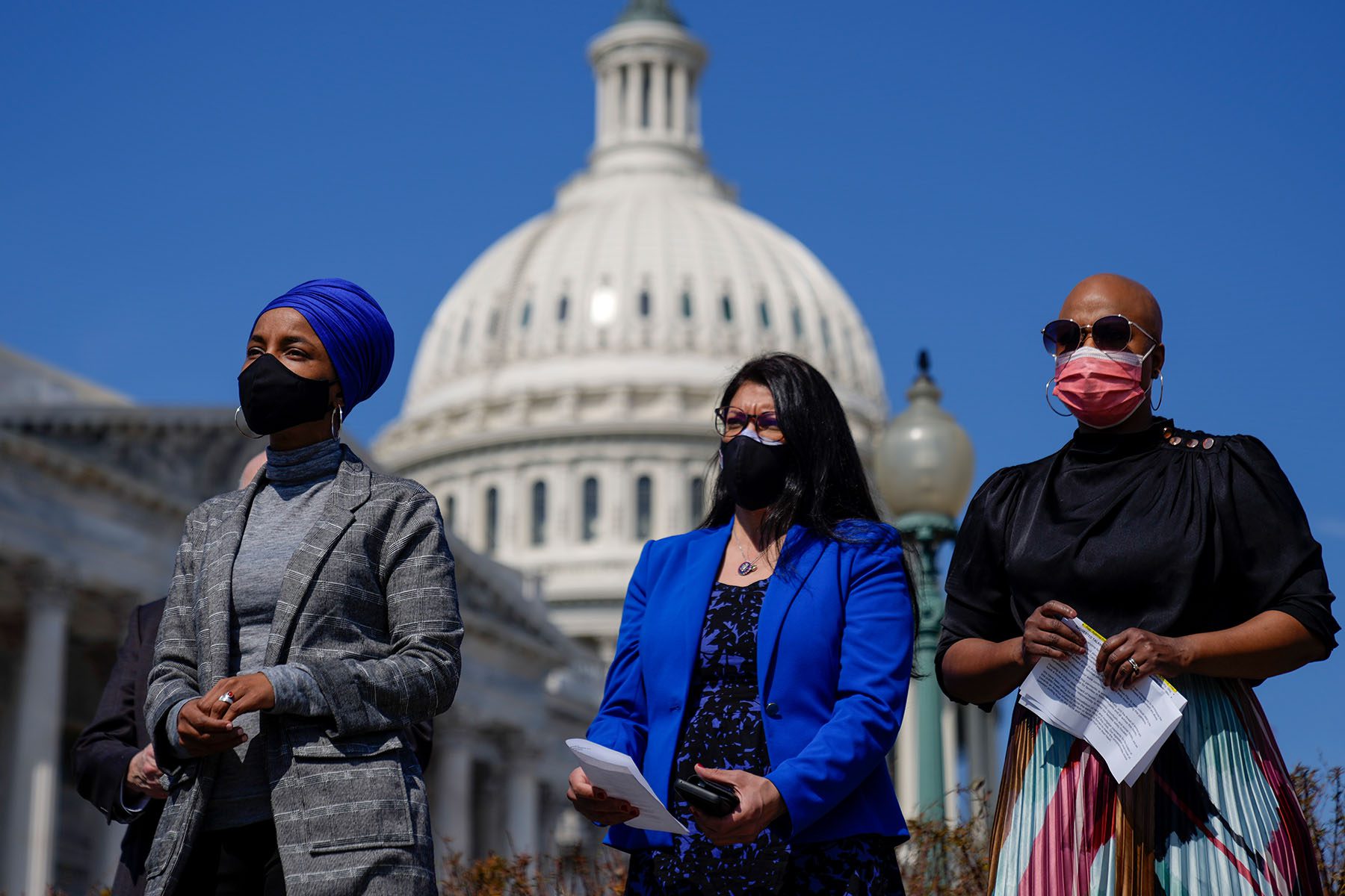 Rep. Ilhan Omar, Rep. Rashida Tlaib, and Rep. Ayanna Pressley attend a news conference outside the U.S. Capitol.