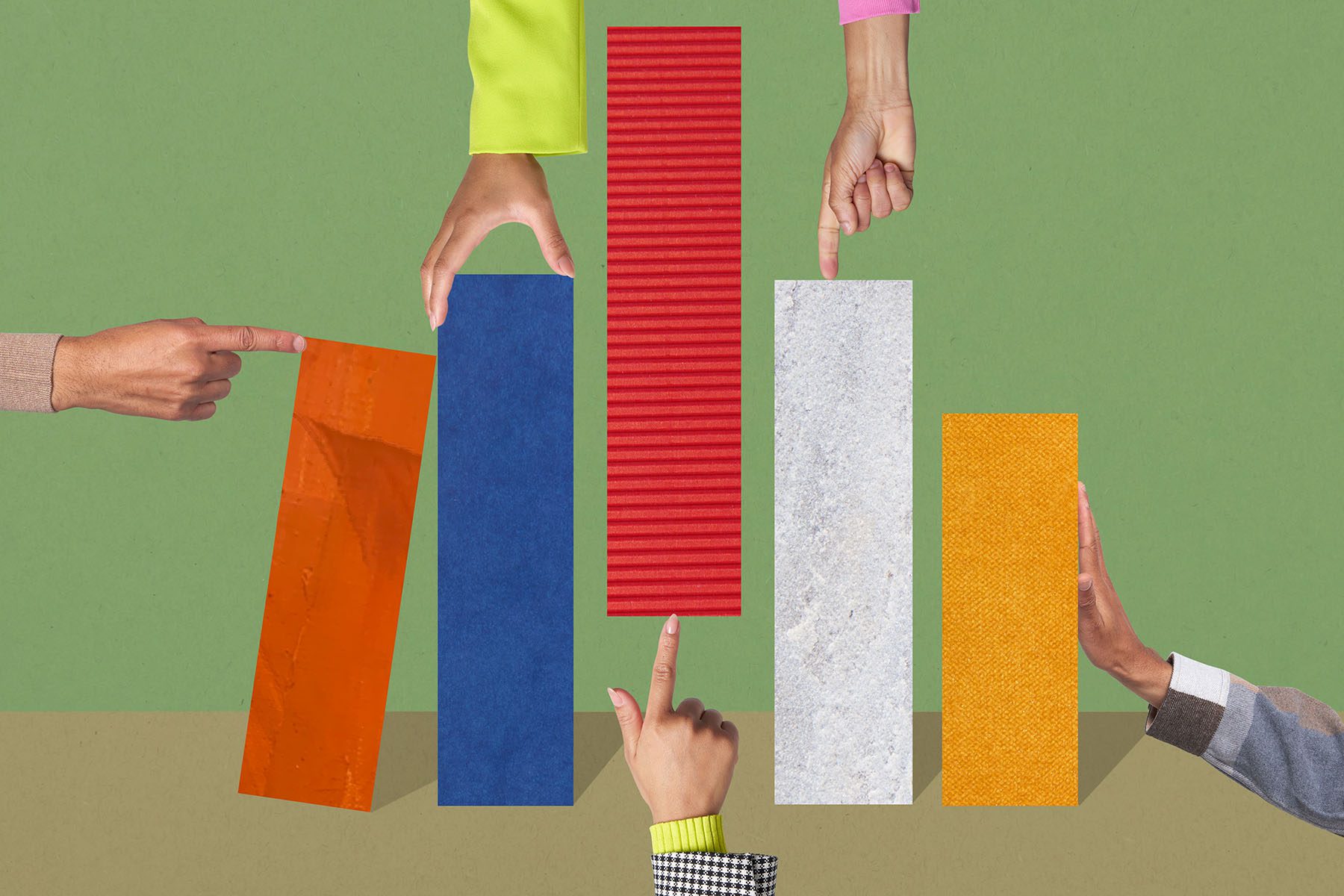 Colourful image of hands manipulating columns of a bar graph.