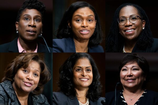 images of Candace Jackson-Akiwumi, Natasha C. Merle, Ketanji Brown Jackson, J. Michelle Childs, Nusrat Jahan Choudhury, Regina M. Rodriguez at their comfirmation hearings.