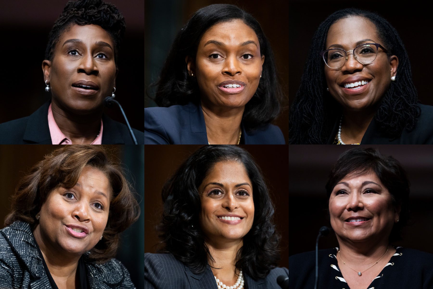 images of Candace Jackson-Akiwumi, Natasha C. Merle, Ketanji Brown Jackson, J. Michelle Childs, Nusrat Jahan Choudhury, Regina M. Rodriguez at their comfirmation hearings.