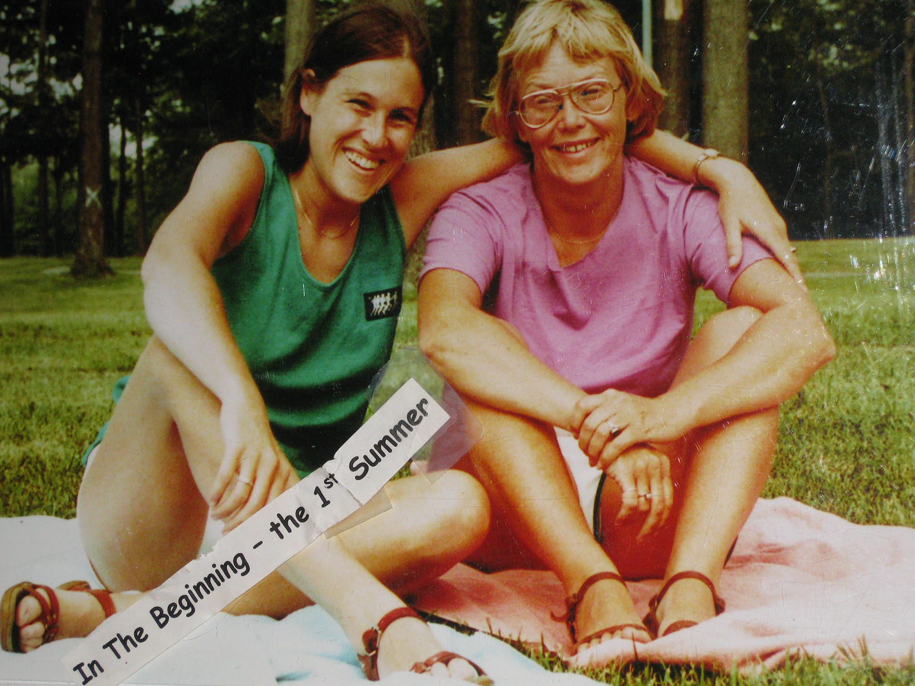 Barbara Goldstein and Ann Willoughby hug each other as they pose for a pictures during their first summer together.
