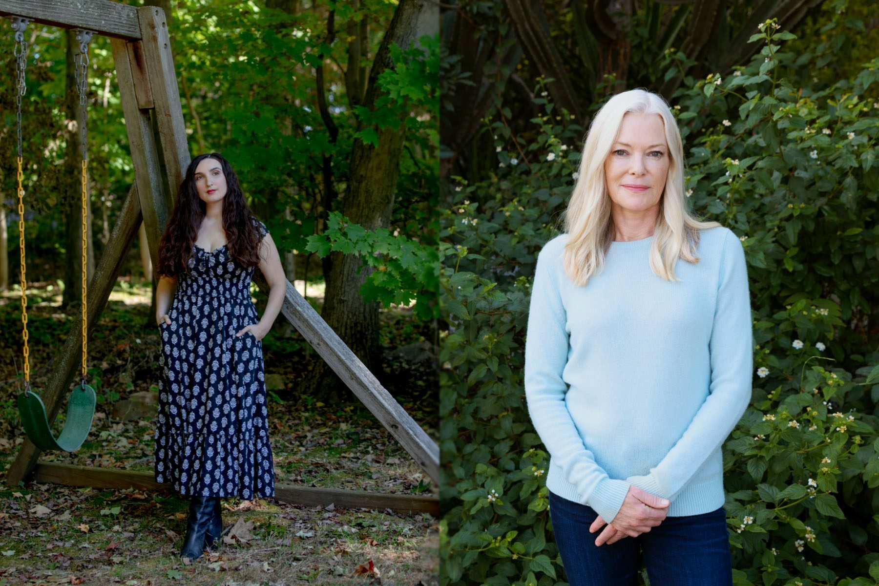 Diptych of Sarah Ann Masse and Caitlin Dulany posing for portraits in their backyards.