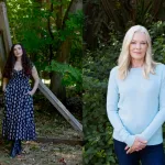 Diptych of Sarah Ann Masse and Caitlin Dulany posing for portraits in their backyards.