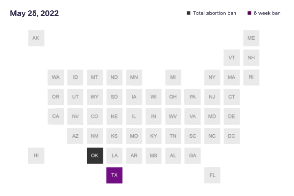 A map of the United States showing abortion access.