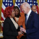 Ruby Freeman, election worker from Fulton County, Ga., receives the President Citizens Medal from President Joe Biden for her work upholding the 2020 presidential election