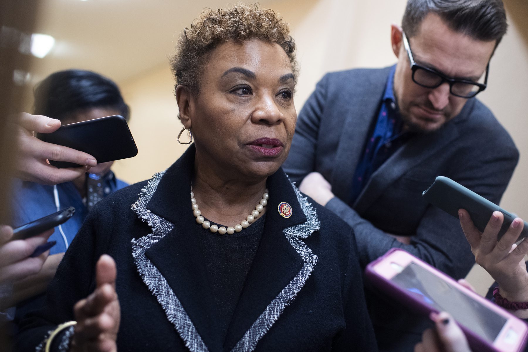 Rep. Barbara Lee speaks with reporters on Capitol Hill.