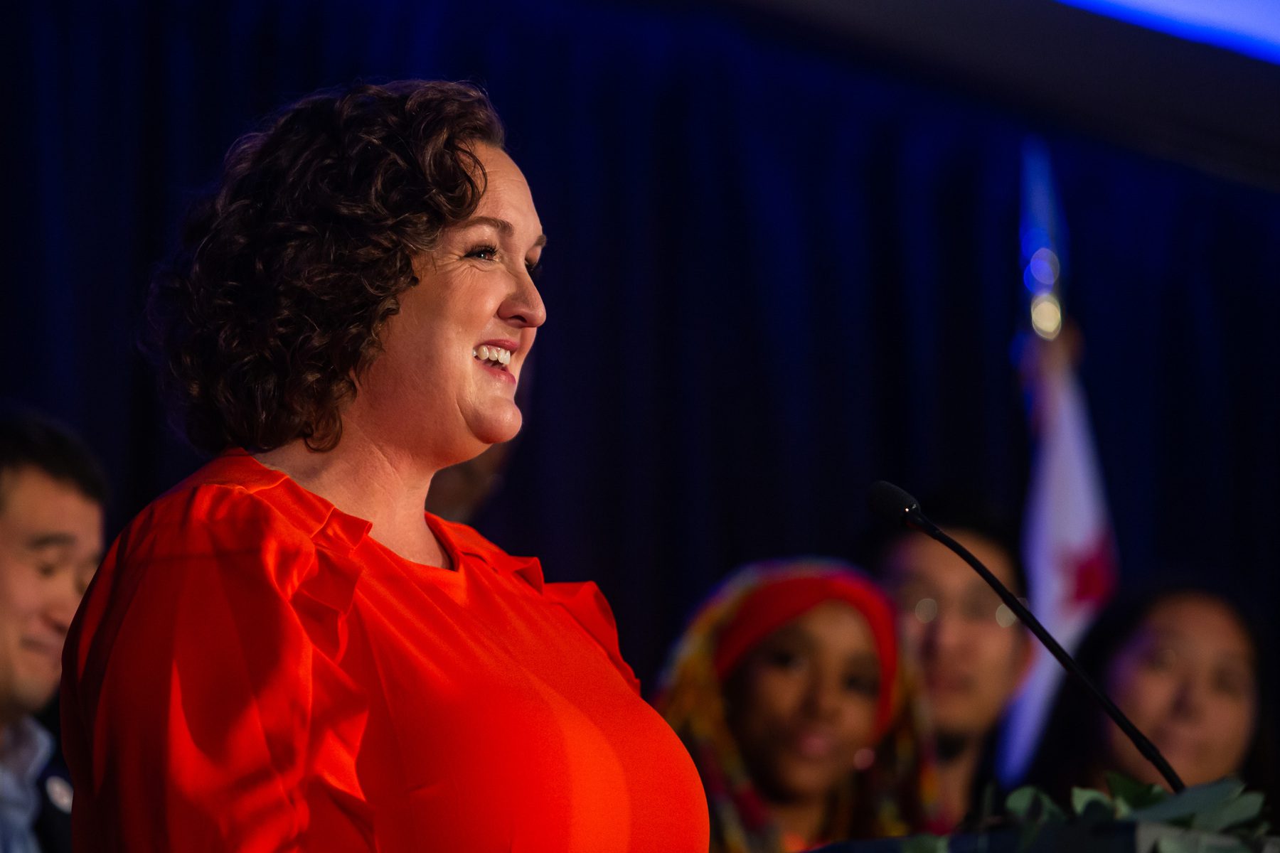 Rep. Katie Porter speaks to supporters at an election night watch party.