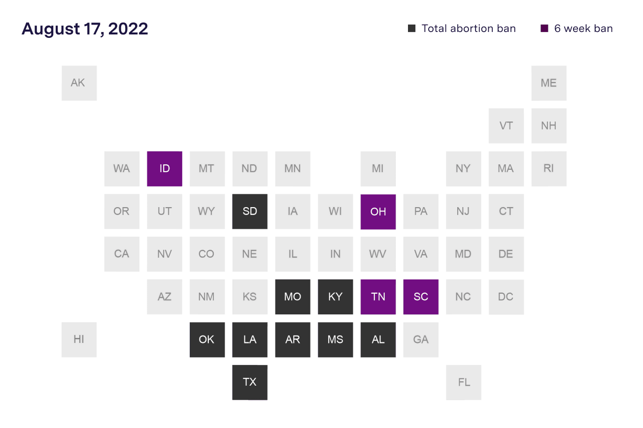 A map of the United States showing abortion access as of August 17, 2022. South Dakota, Missouri, Kentucky, Oklahoma, Louisiana, Arkansas, Mississippi, Alabama and Texas completely banned abortion. Idaho, Ohio, Tennessee and South Carolina banned abortion after six weeks from the last menstrual period.