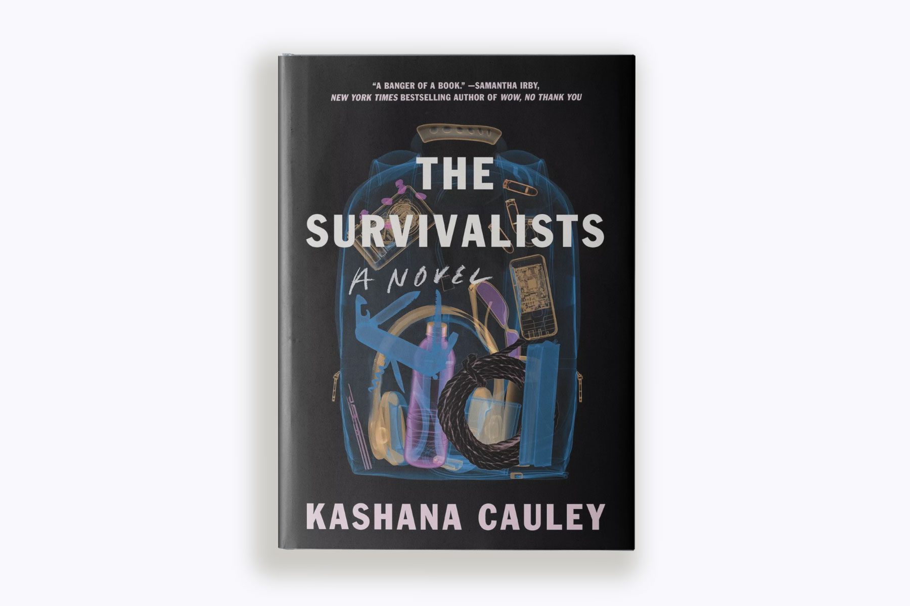 Book cover of "The Survivalists: A Novel" by Kashana Cauley. On the book, an abstract transparent pack is seen with survival tools inside: a bottle, some rope, bullets...
