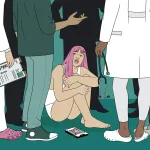 In this illustration, an androgynous person looks worried and uneasy as they sit on the floor, hugging their knees. They are looking up at a group of people and doctors in scrubs surrounding them and appearing to be having a discussion about them. Their phone is next to them on the ground open on an image of themselves posted to on a social media website.