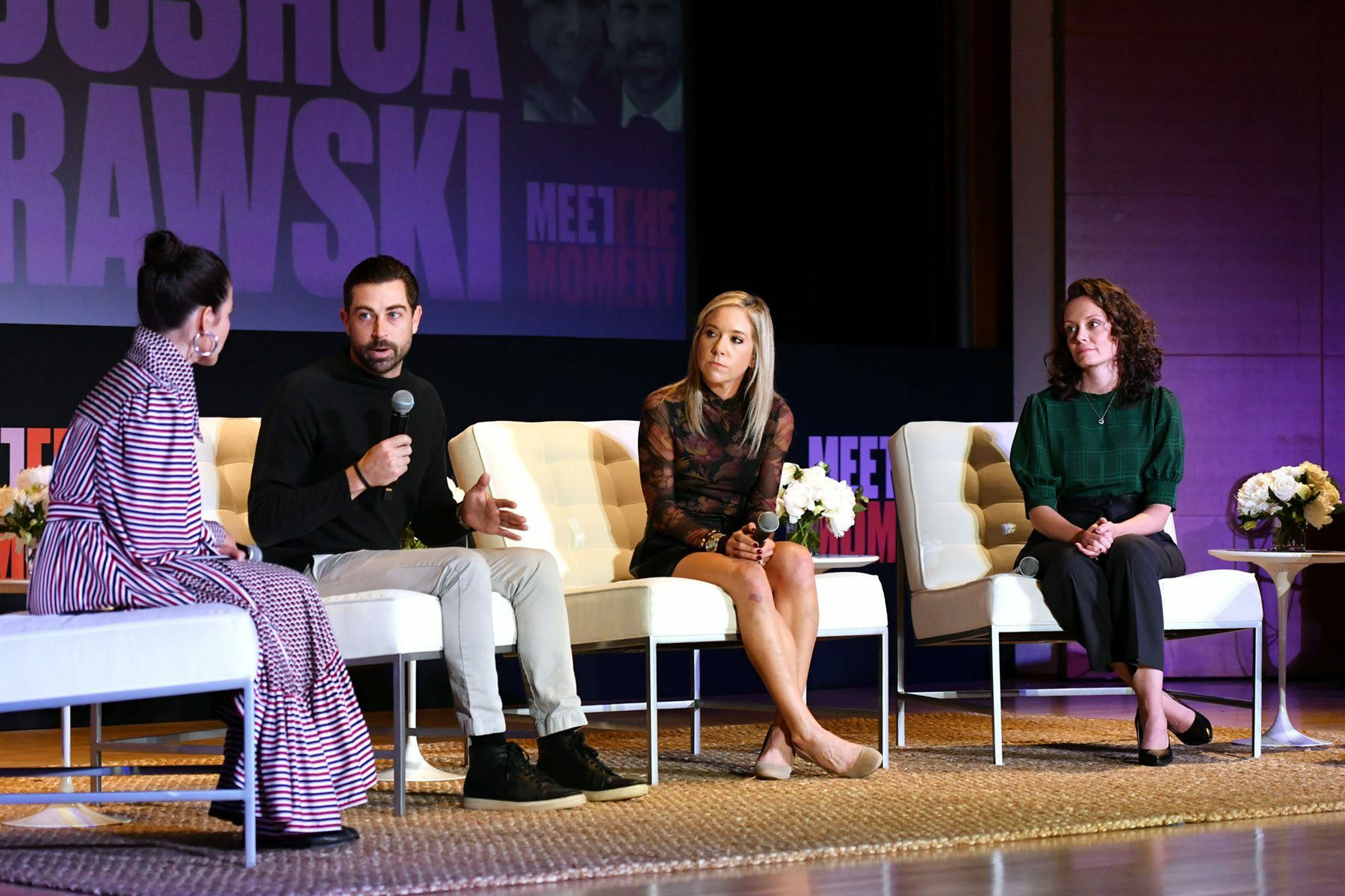Josh and Amanda Zurawski (center) speak onstage during an event at the Brooklyn Museum.