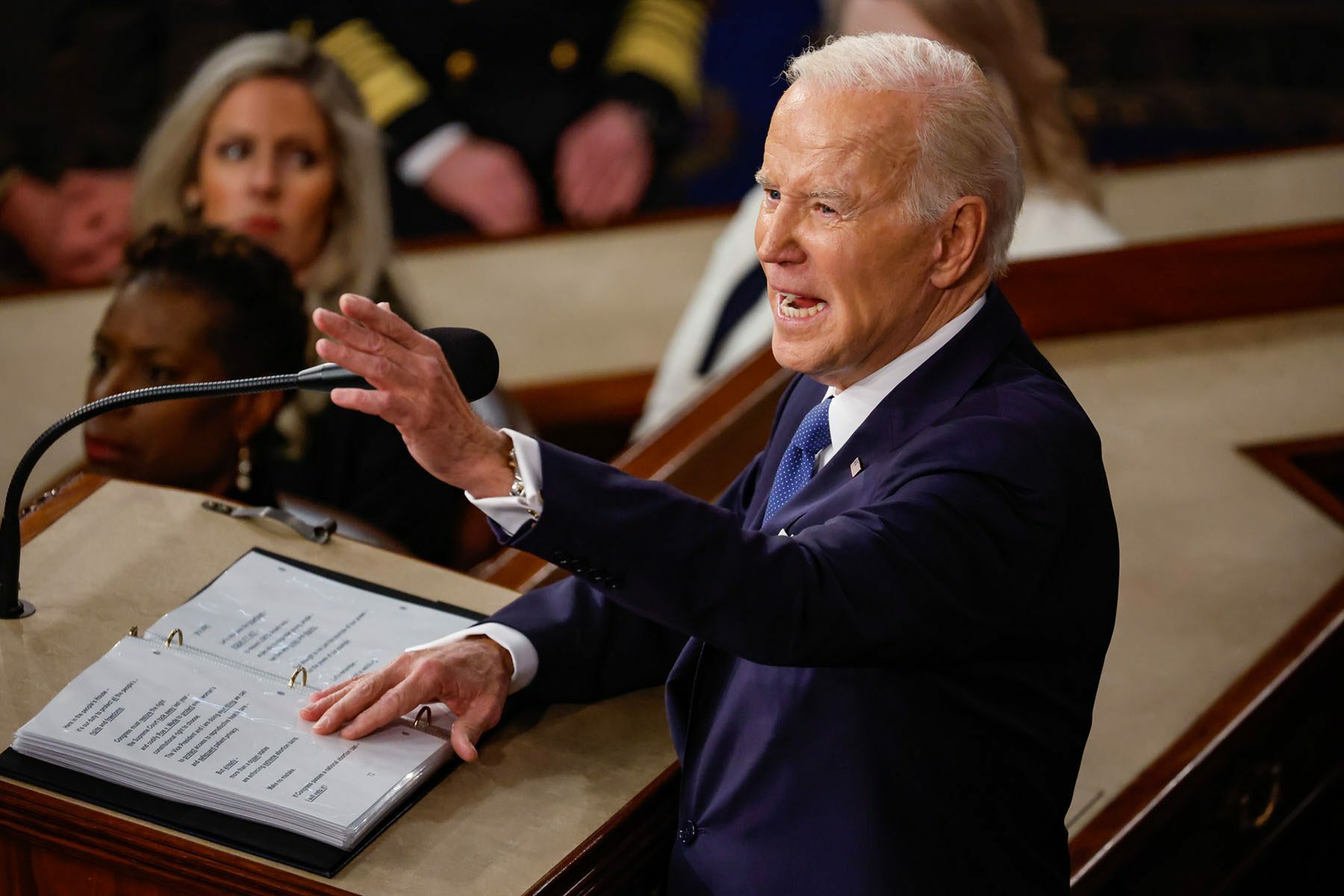 Joe Biden's speech notes are seen as he delivers the State of the Union address in the House Chamber of the Capitol.