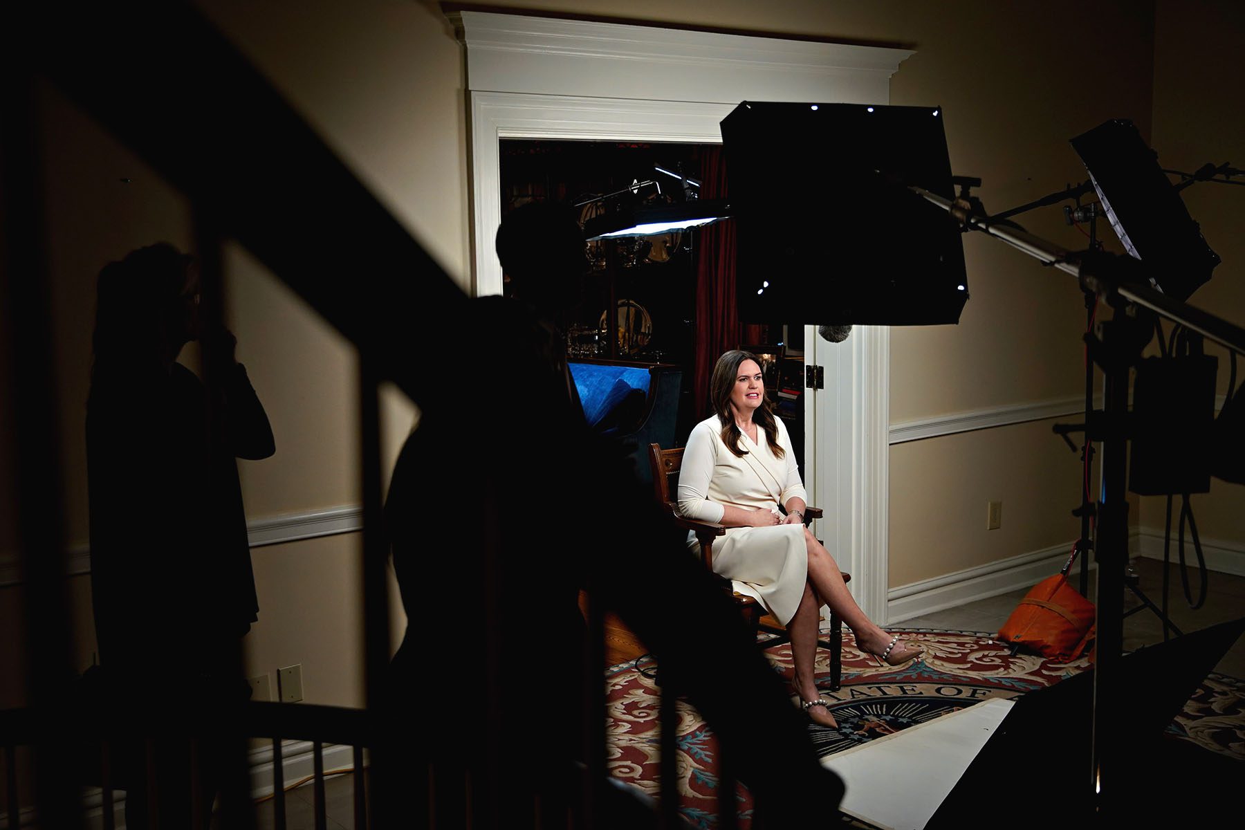 Lighting and camera equipment is seen as Sarah Huckabee Sanders waits to deliver the Republican response to the State of the Union address.