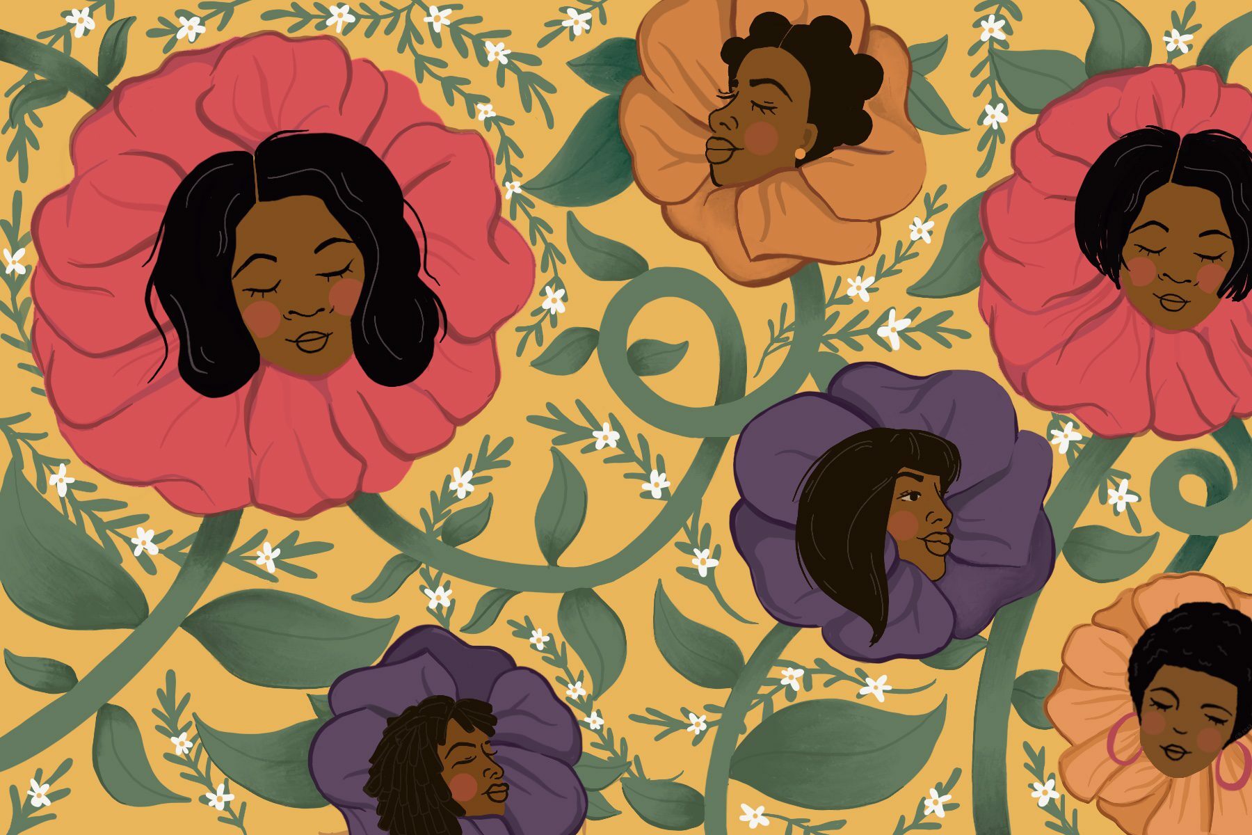 An illustration of Black people finding joy through blooming flowers.