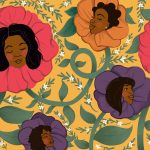 An illustration of Black people finding joy through blooming flowers.