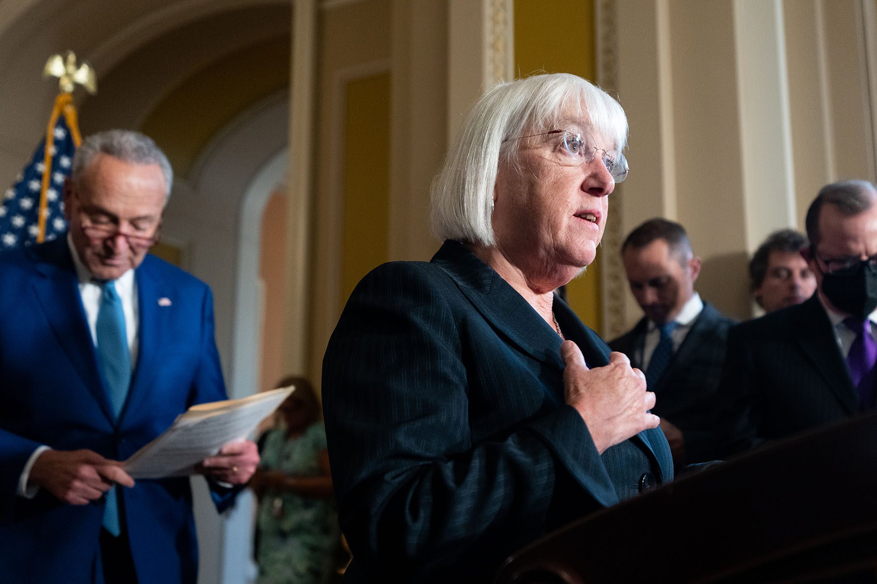 Sen. Patty Murray speaks during the Senate Democrats press conference on Capitol Hill.