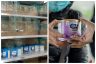 A diptych where the left image shows locked and nearly empty supermarket shelves where formula is normally stocked. The right image shows a close-up of two hands exchanging a can of formula at a food pantry.