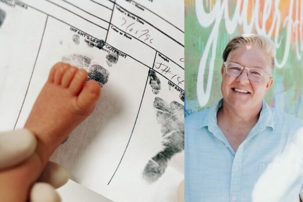 Diptych with on the left, a footprint of a child on a birth certificate and on the right, an image of Kris Williams.