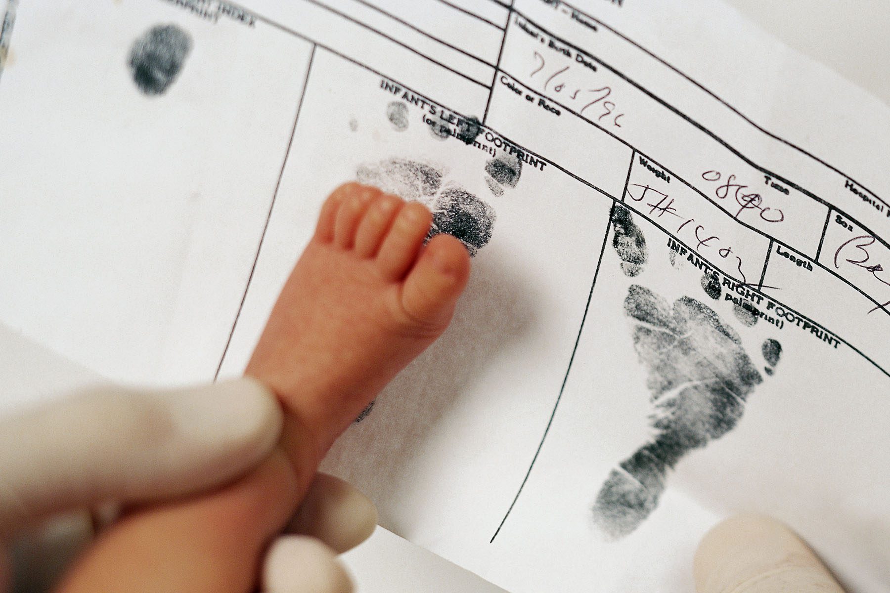 Footprint of a child on a birth certificate.
