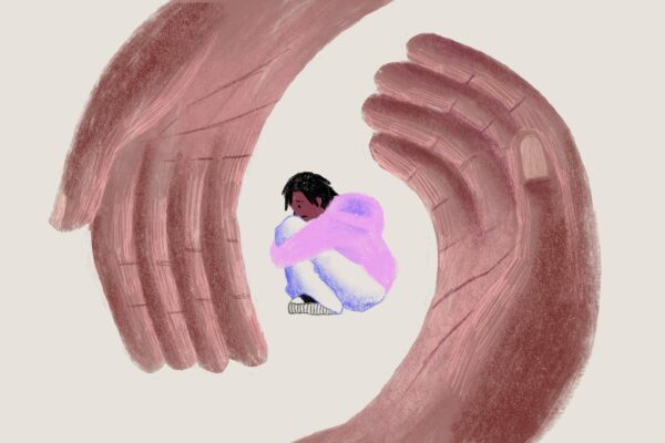 An illustration of a sad Black, trans teen sitting inside caring hands.