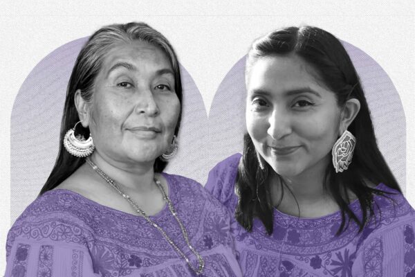 Photo illustration of Odilia Romero and Janet Martinez on a purple background.