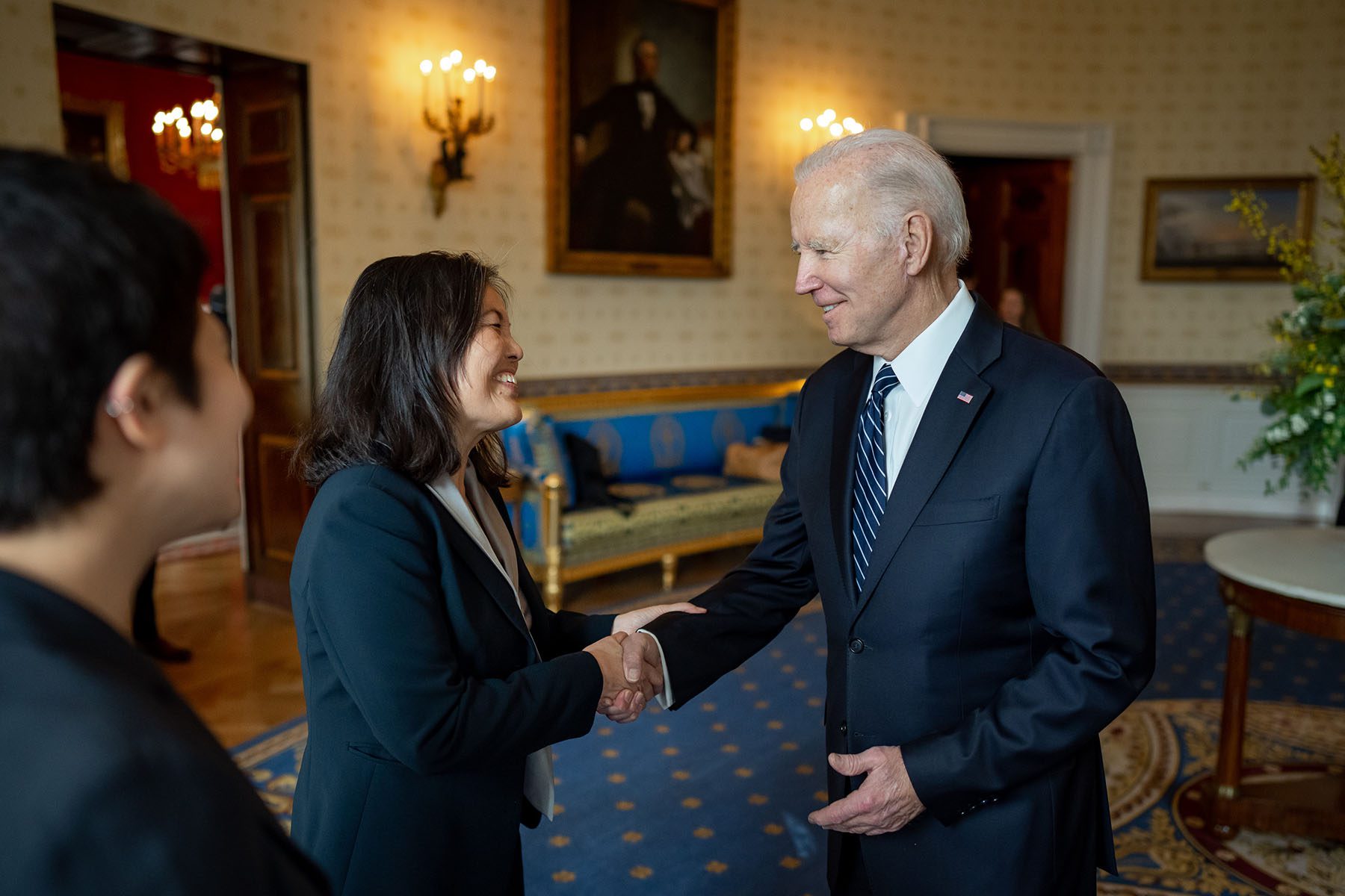 President Joe Biden greets Labor Secretary nominee Julie Su in the Blue Room of the White House on March 1, 2023.