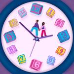An illustration of a pregnant couple wait on the hands of a clock for child care.