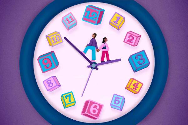 An illustration of a pregnant couple wait on the hands of a clock for child care.