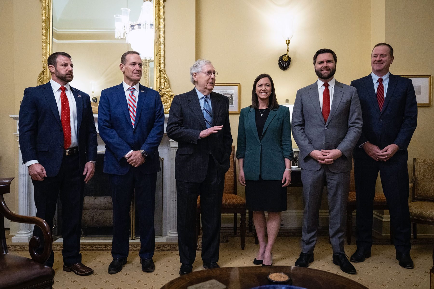 Senators Markwayne Mullin, Ted Budd, Katie Britt, JD Vance and Eric Schmitt meet with Senate Minority Leader Mitch McConnell in his office.