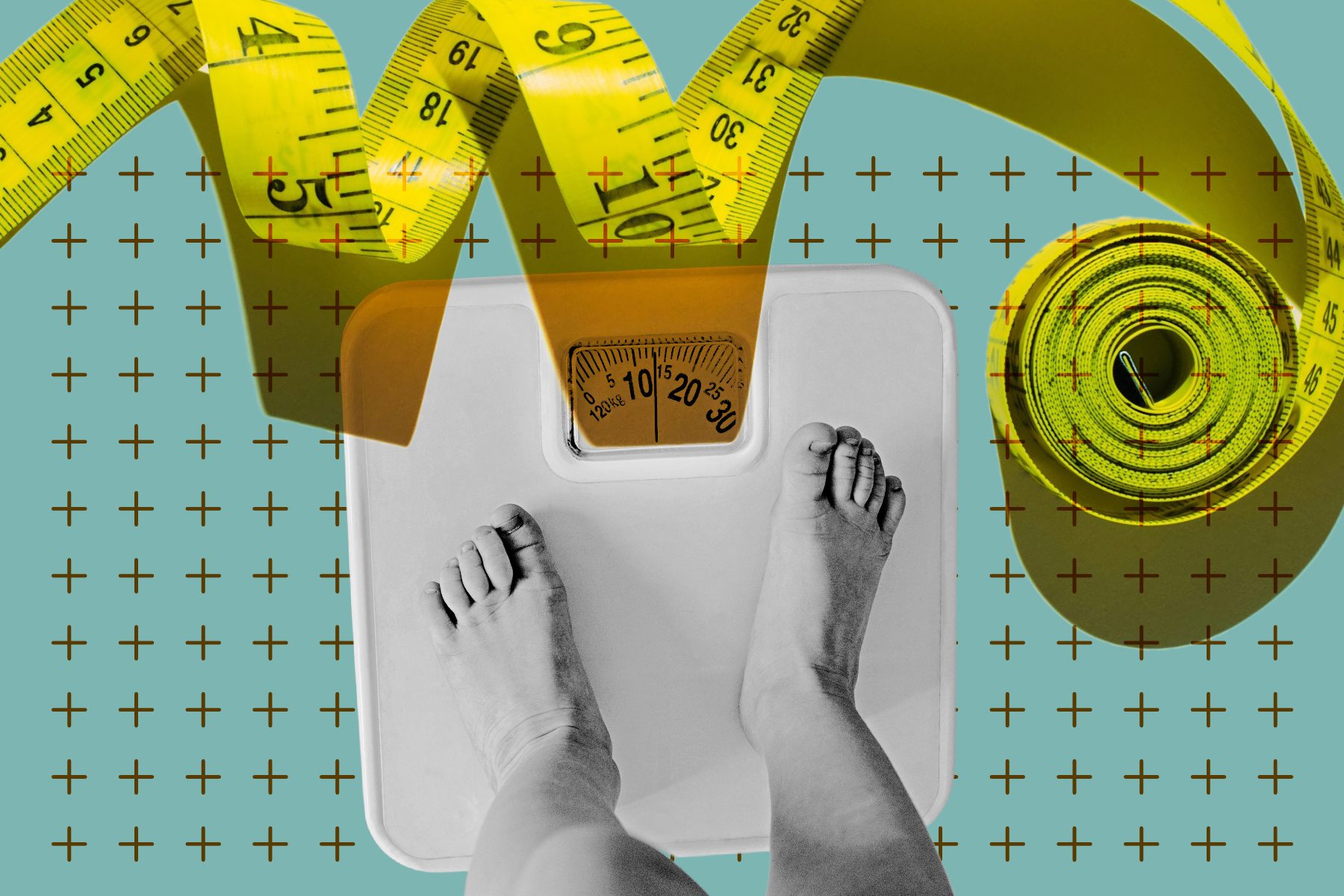 Photocollage showing a child's feel stepping onto a scale, on top of the scale is a tape measure and around the scale are little plus signs.