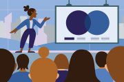 Illustration of a black woman presenting a slideshow containing charts to an audience.