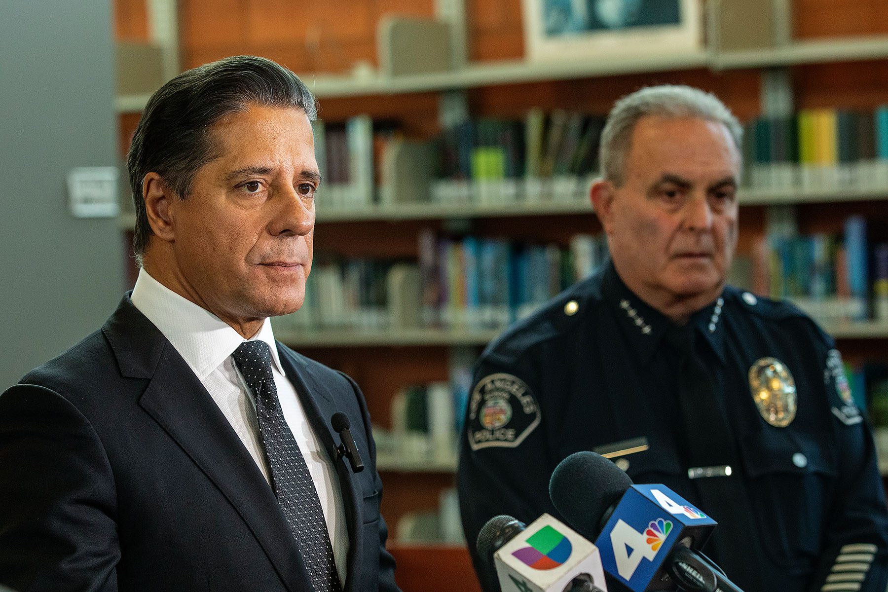 LAUSD Superintendent Alberto Carvalho (left) speaks at a press conference at Helen Bernstein High School.